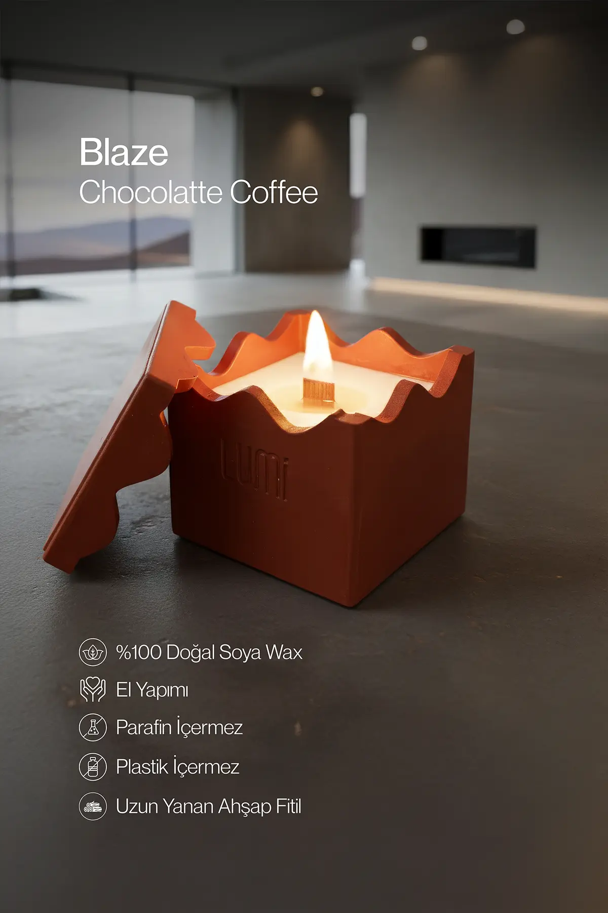 Lumi Blaze – %100 Soya Wax Vegan Beton Mum (Kırmızı Zigzag)