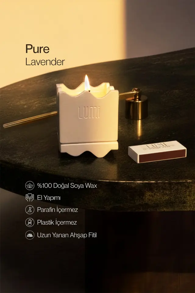 Lumi Pure – %100 Soya Wax Vegan Beton Mum (Beyaz Zigzag)
