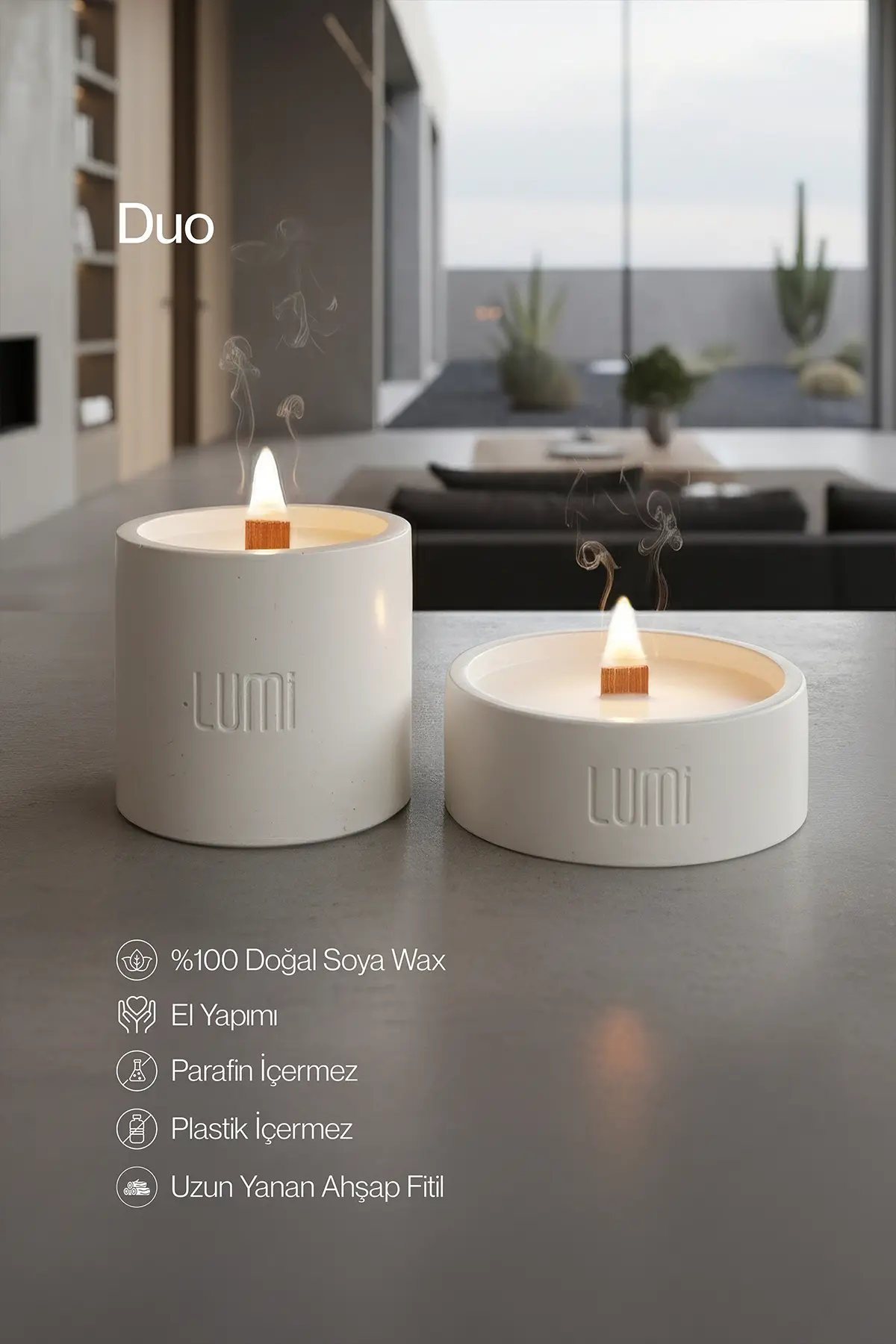 Lumi Duo – %100 Soya Wax Vegan Beton Mum (Doğal İkili)