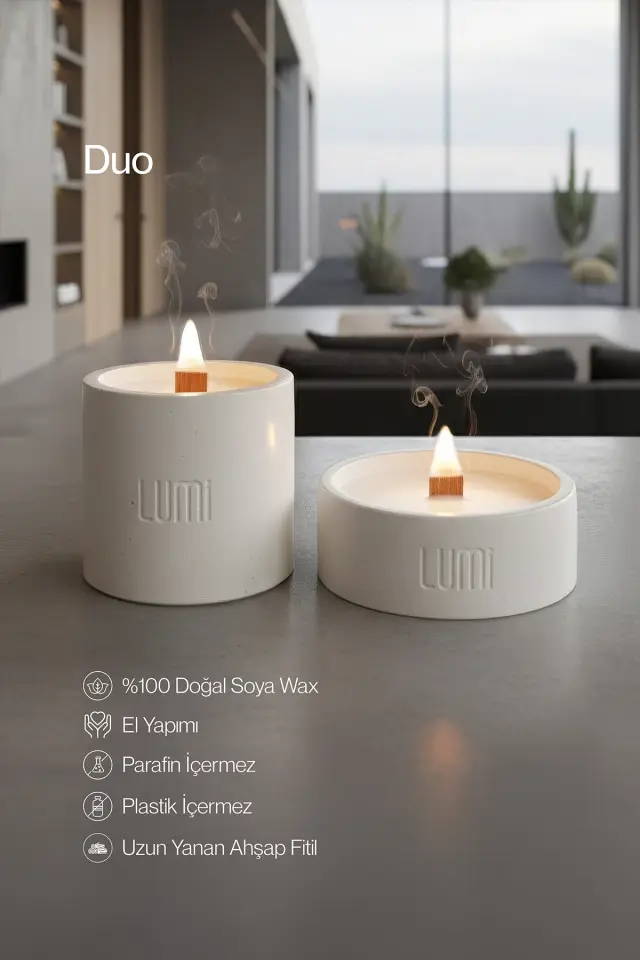Lumi Duo – %100 Soya Wax Vegan Beton Mum (Doğal İkili)
