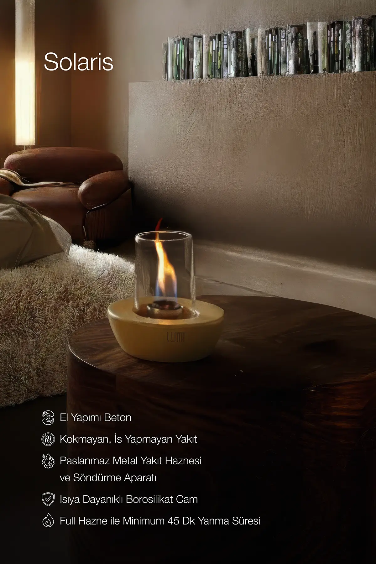 Lumi Solaris No:1 – Masaüstü Bacasız Beton Şömine (Camlı) + 1 L Bioethanol Yakıt Hediye