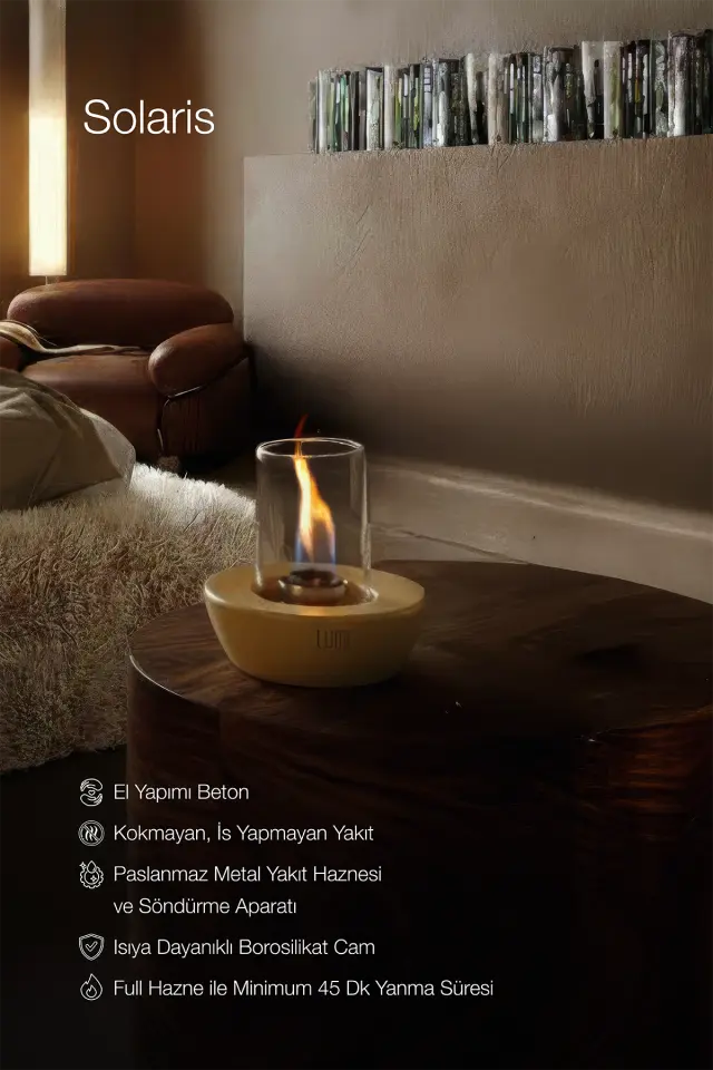 Lumi Solaris No:1 – Masaüstü Bacasız Beton Şömine (Camlı) + 1 L Bioethanol Yakıt Hediye