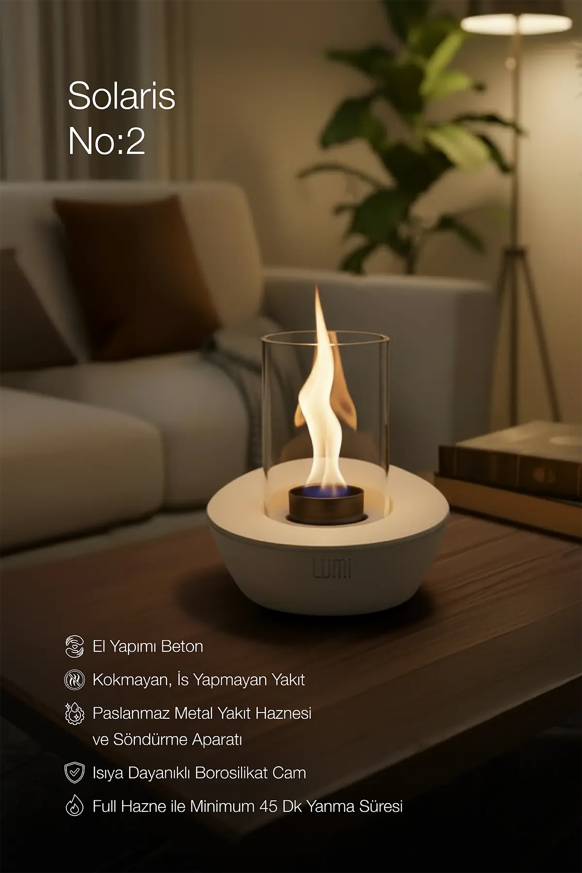Lumi Solaris No:2– Masaüstü Bacasız Beton Şömine (Camlı) + 1 L Bioethanol Hediye