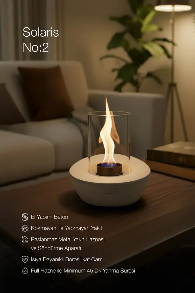 Lumi Solaris No:2– Masaüstü Bacasız Beton Şömine (Camlı) + 1 L Bioethanol Hediye