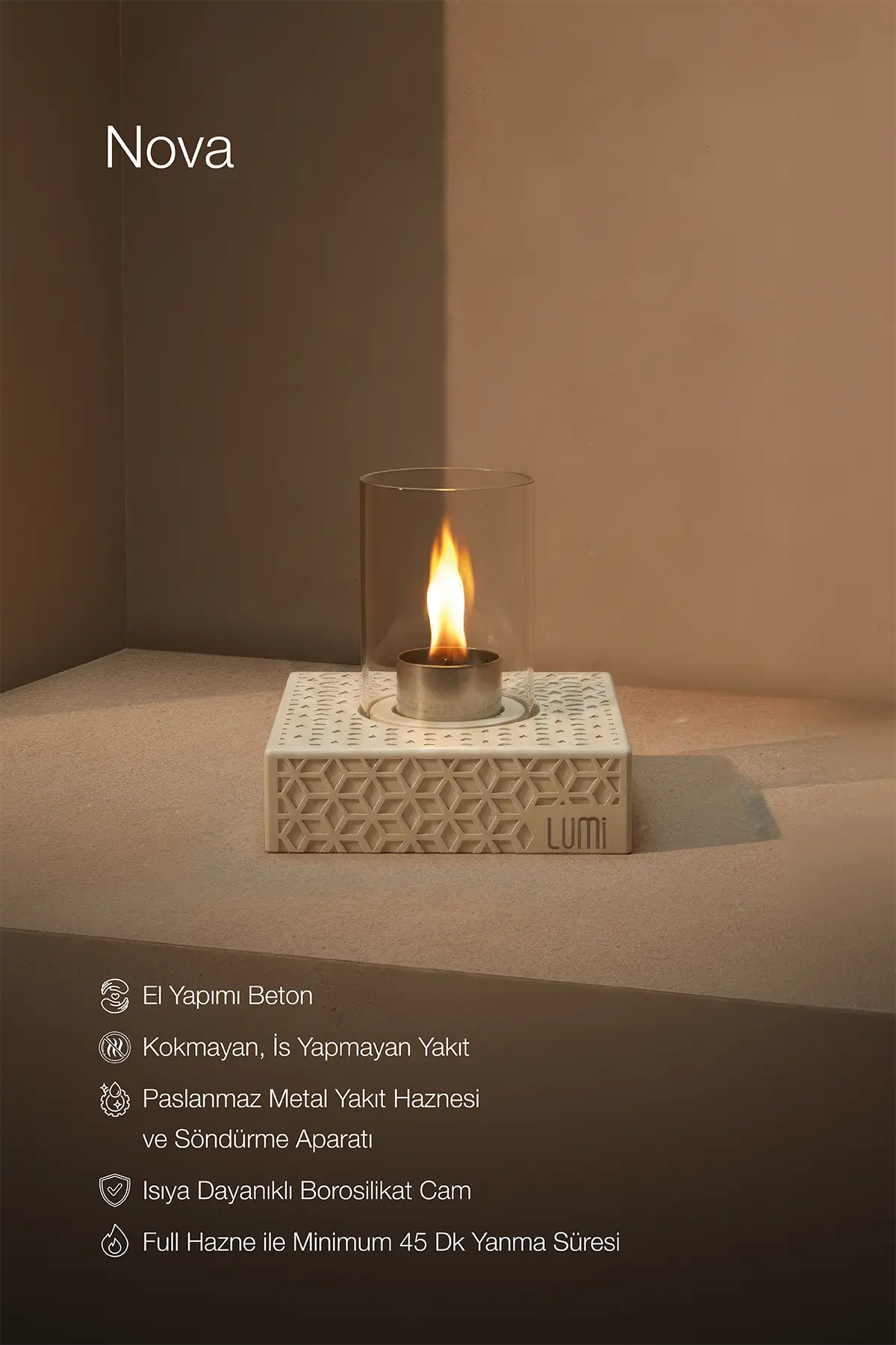 Lumi Nova No:1 – Masaüstü Bacasız Beton Şömine (Camlı) + 1 L Bioethanol Hediye