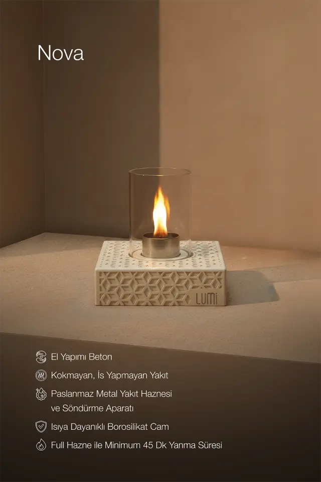Lumi Nova No:1 – Masaüstü Bacasız Beton Şömine (Camlı) + 1 L Bioethanol Hediye