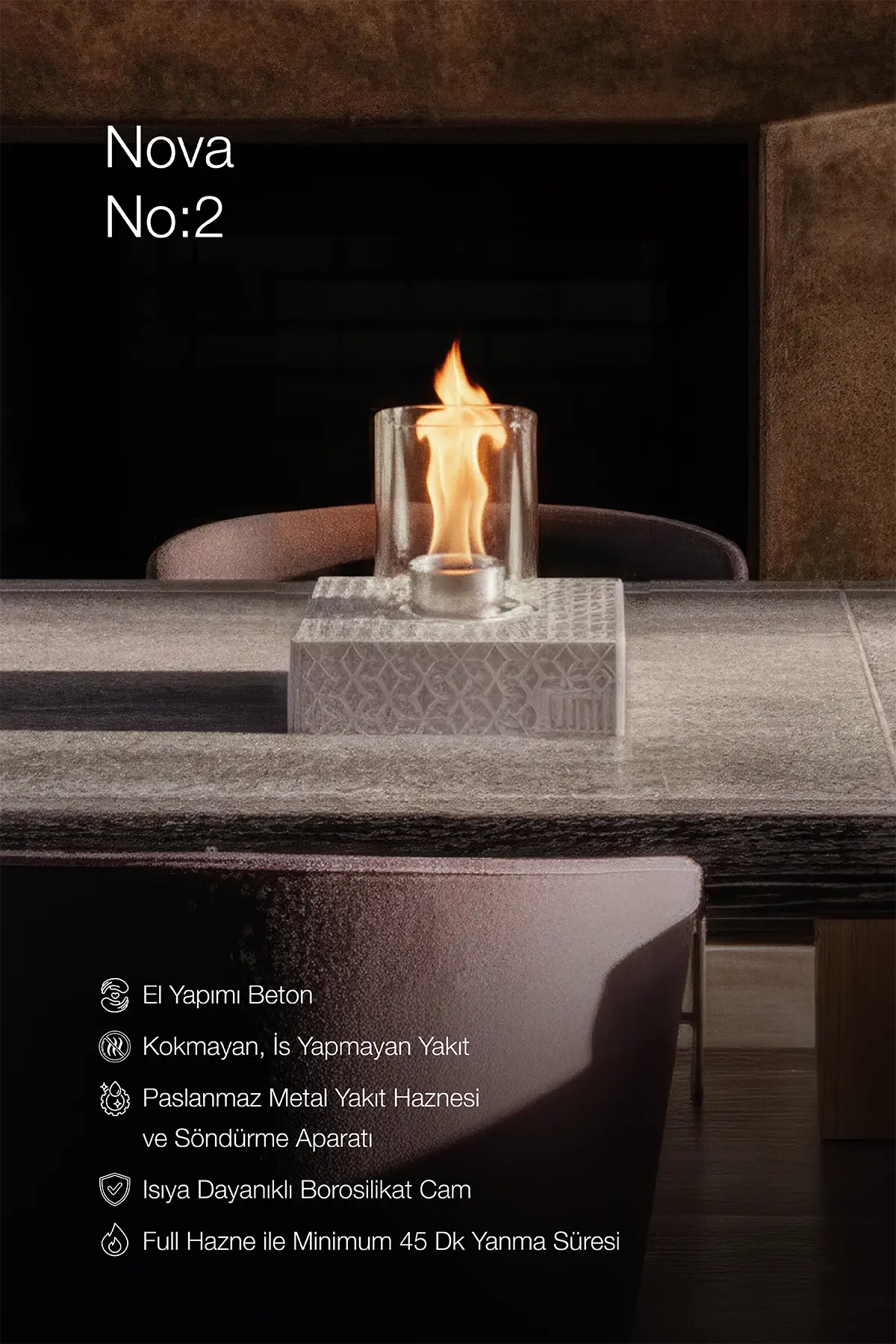 Lumi Nova No:2 – Masaüstü Bacasız Beton Şömine (Camlı) + 1 L Bioethanol Hediye