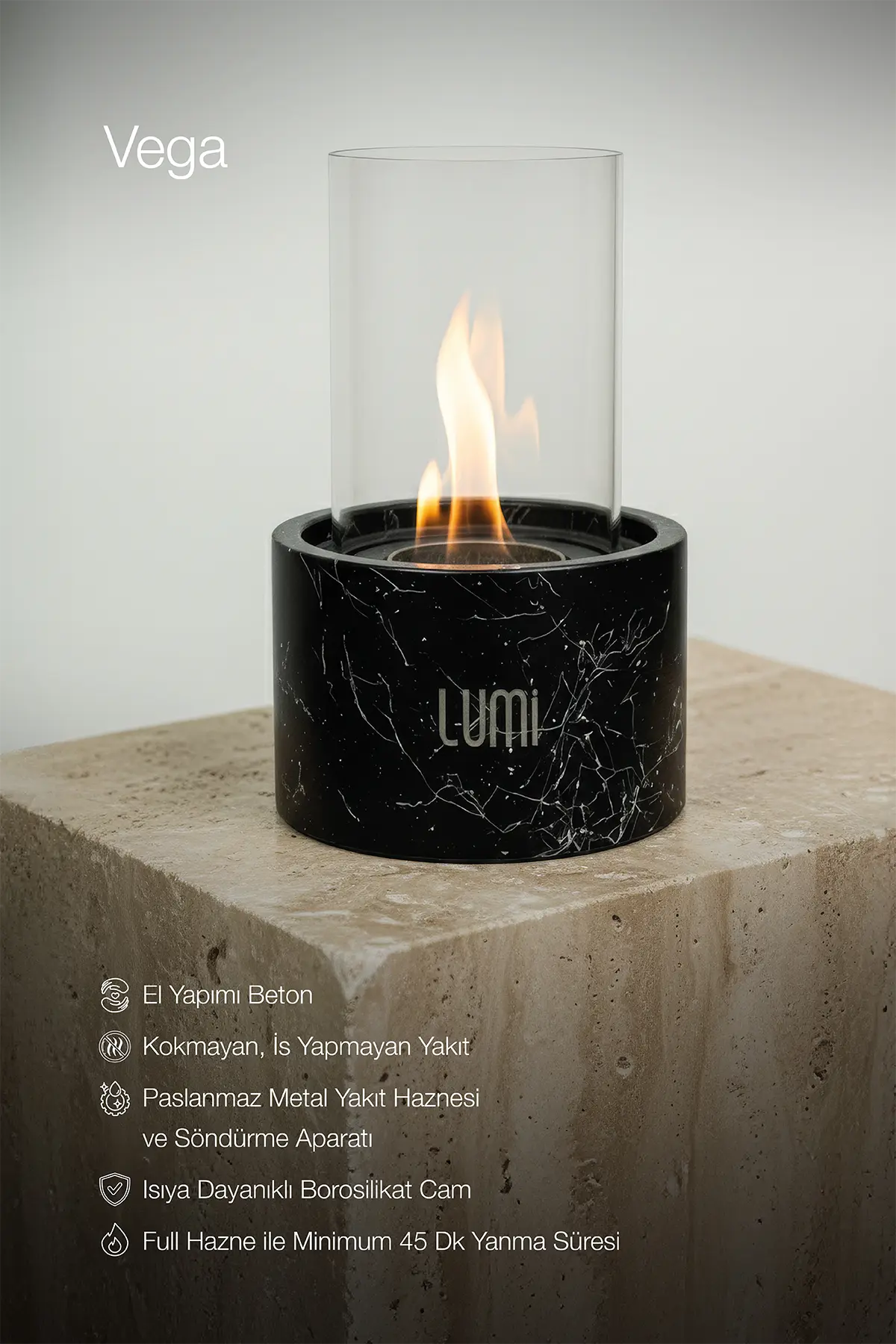 Lumi Vega No:1 – Masaüstü Bacasız Beton Şömine (Camlı) + 1 L Bioethanol Hediye