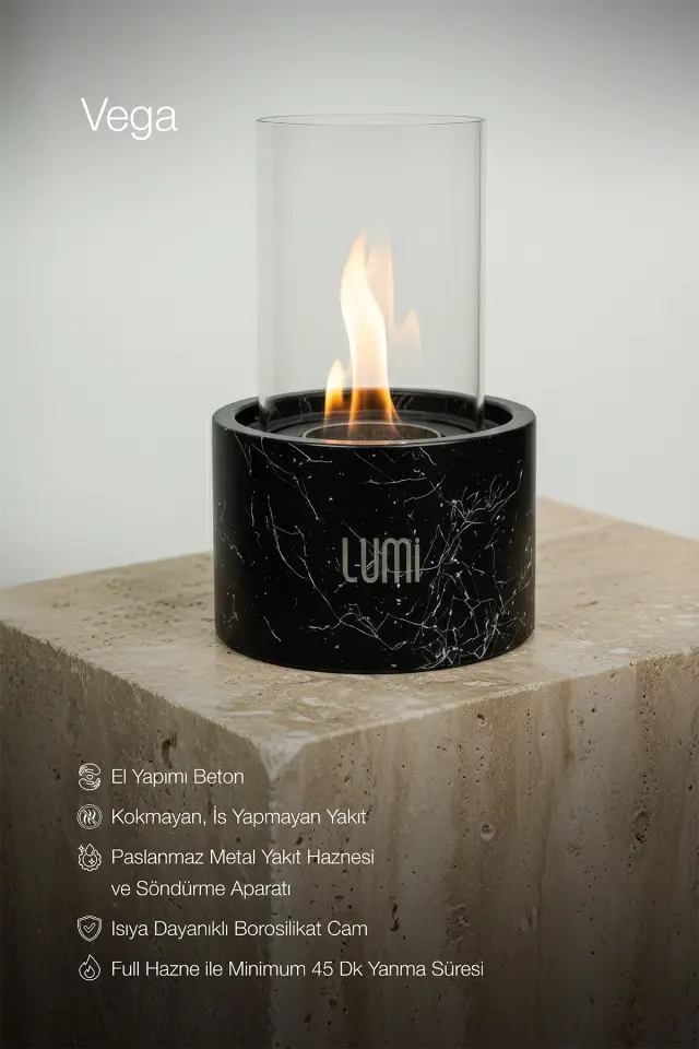 Lumi Vega No:1 – Masaüstü Bacasız Beton Şömine (Camlı) + 1 L Bioethanol Hediye