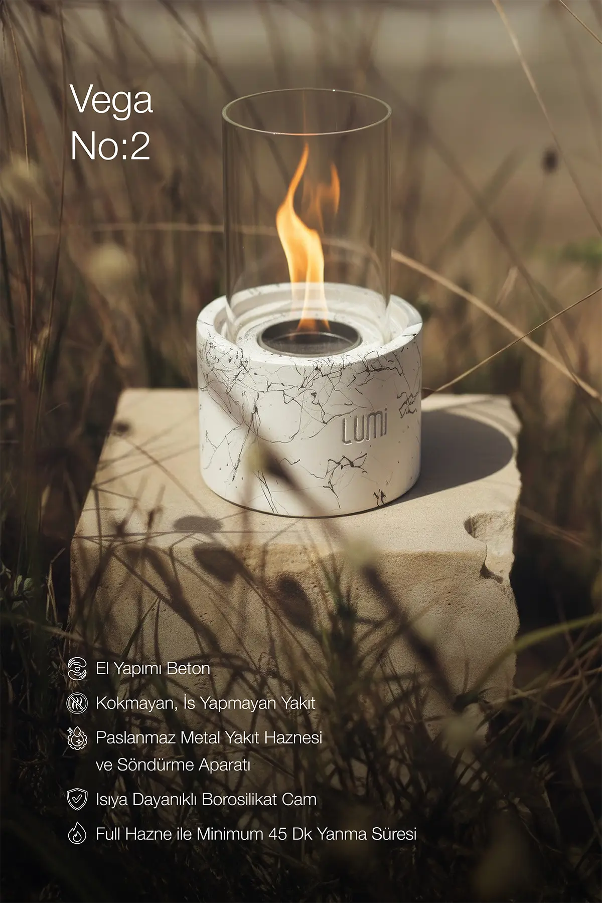 Lumi Vega No:2 – Masaüstü Bacasız Beton Şömine (Camlı) + 1 L Bioethanol Hediye