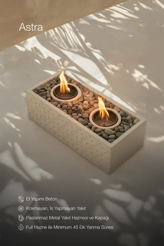 Lumi Astra No:1 – Masaüstü Bacasız Beton Şömine + 1 L Bioethanol Hediye