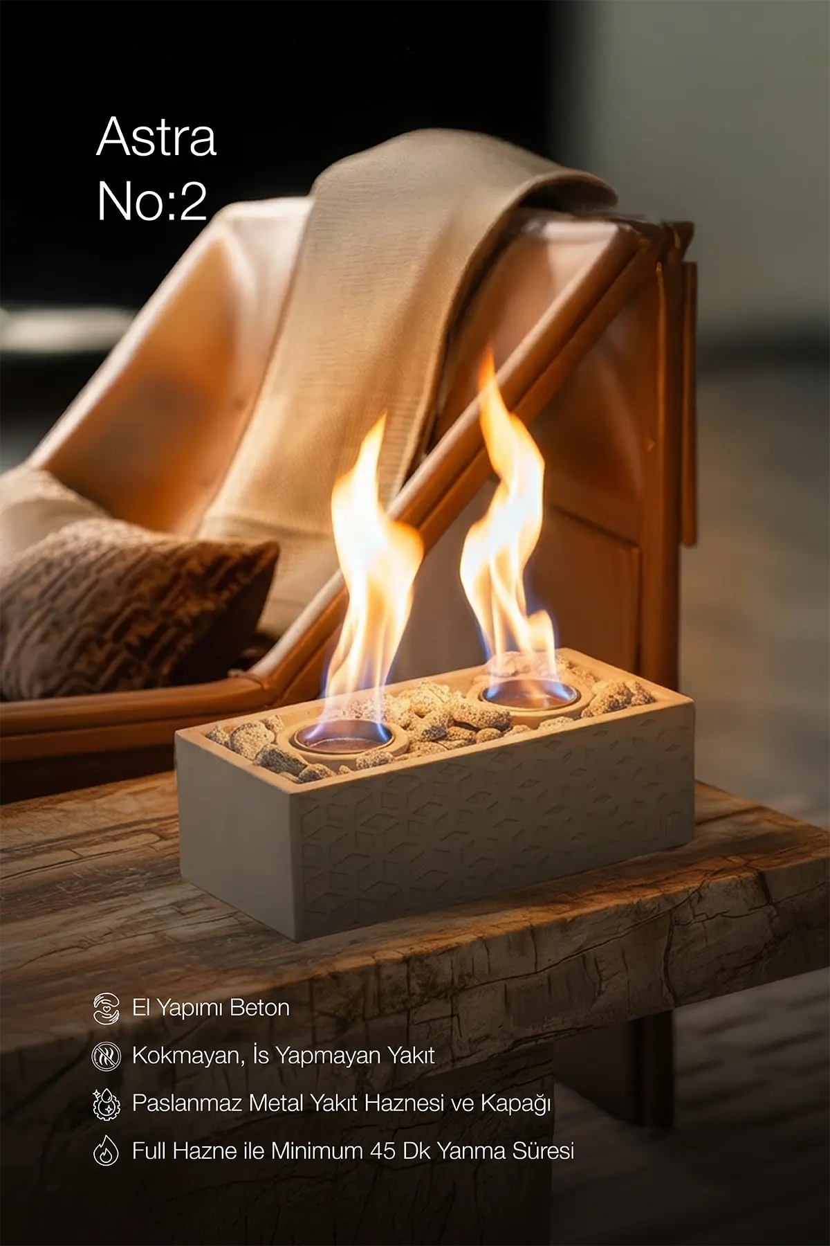 Lumi Astra No:2 – Masaüstü Bacasız Beton Şömine + 1 L Bioethanol Hediye
