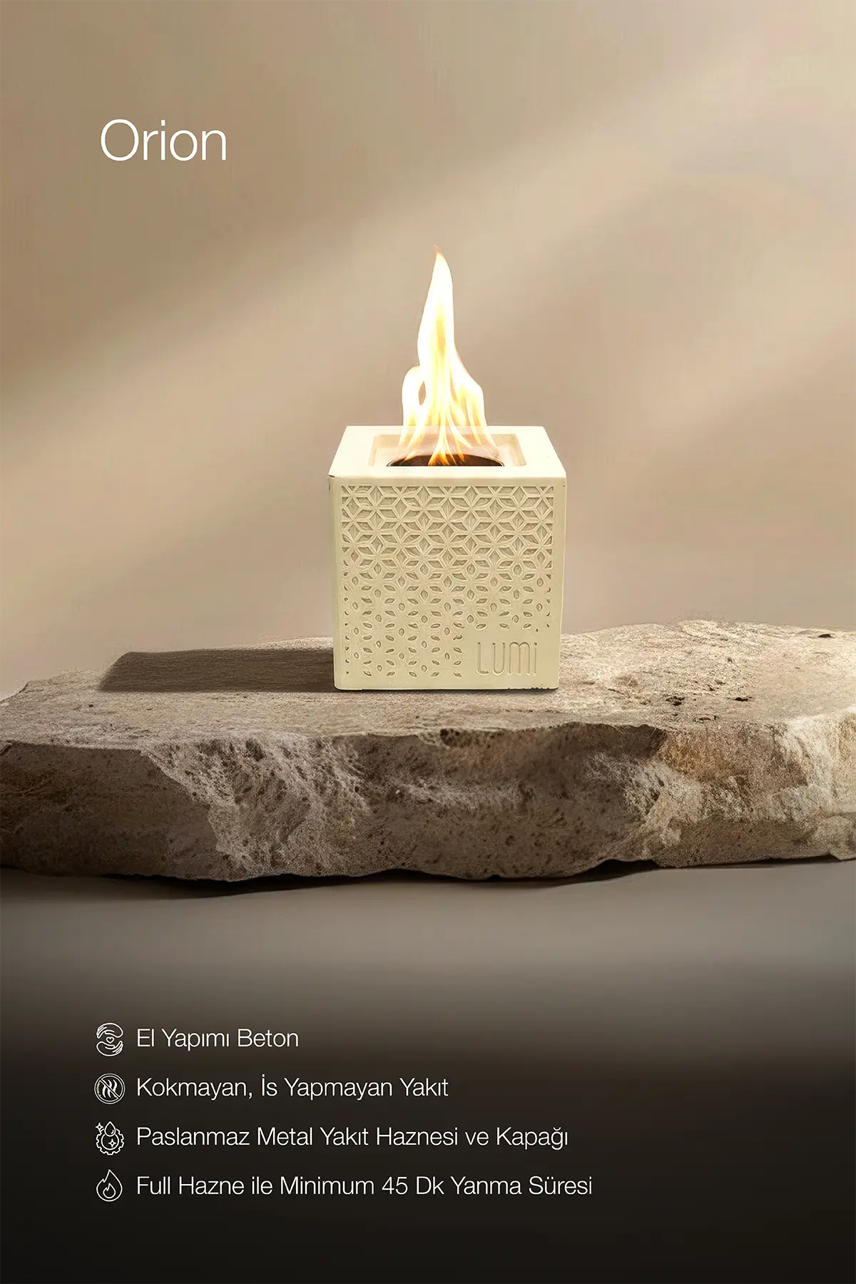 Lumi Orion No:1 – Masaüstü Bacasız Beton Şömine + 1 L Bioethanol Hediye