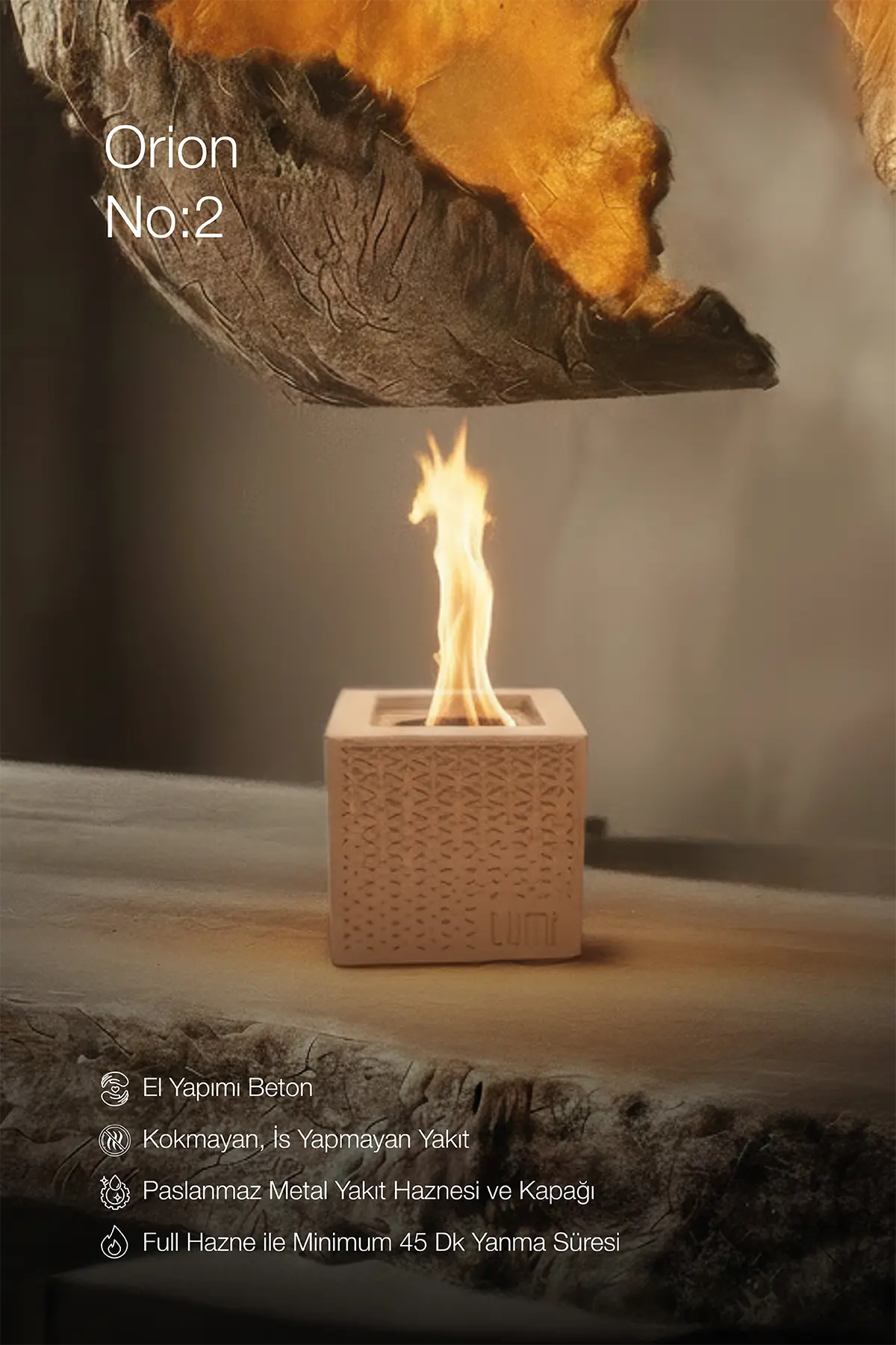 Lumi Orion No:2 – Masaüstü Bacasız Beton Şömine + 1 L Bioethanol Hediye
