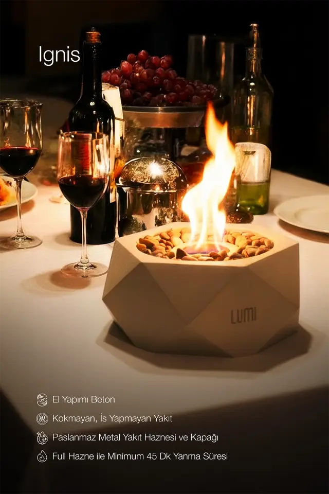 Lumi Ignis – Masaüstü Bacasız Beton Şömine + 1 L Bioethanol Hediye