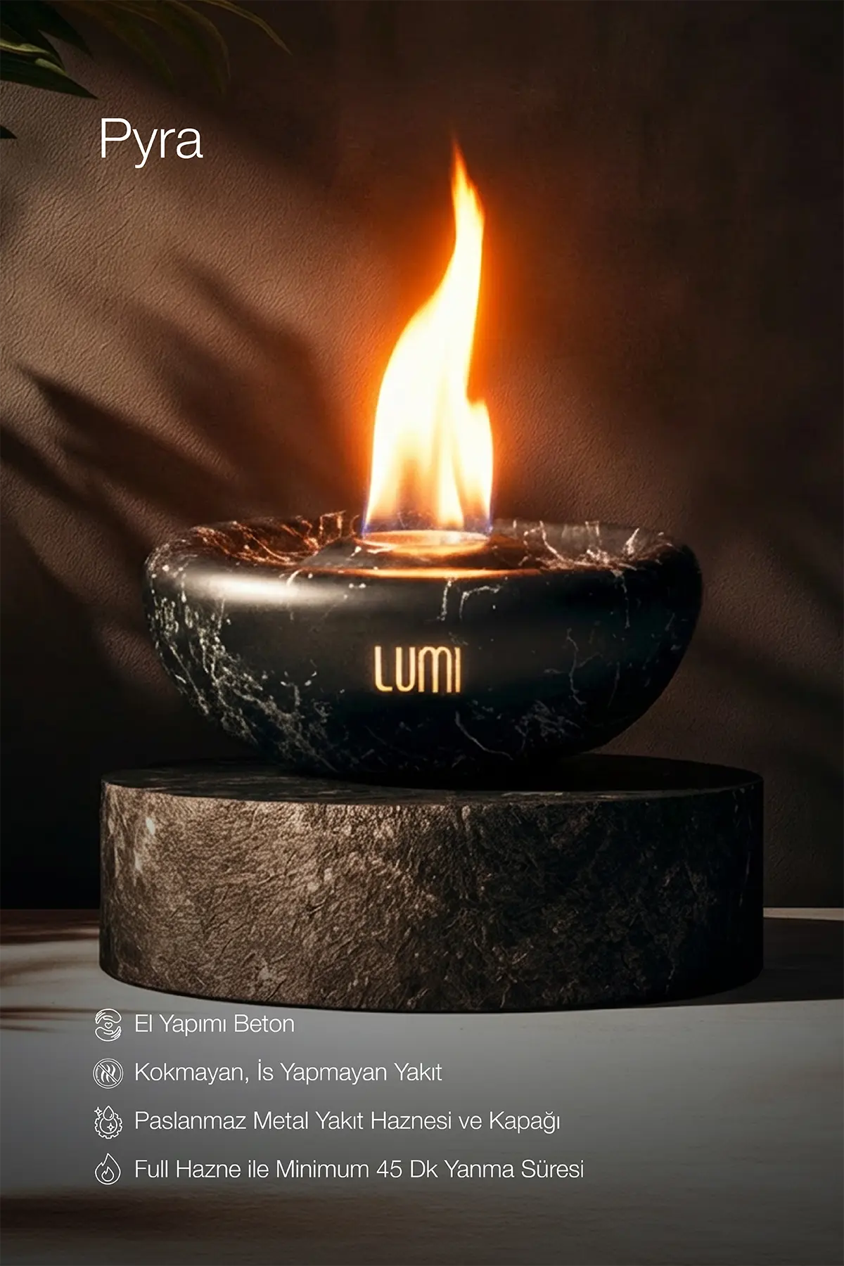 Lumi Pyra – Masaüstü Bacasız Beton Şömine + 1 L Bioethanol Hediye