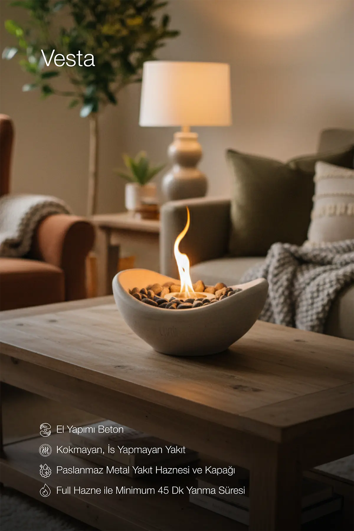 Lumi Vesta – Masaüstü Bacasız Beton Şömine + 1 L Bioethanol Hediye