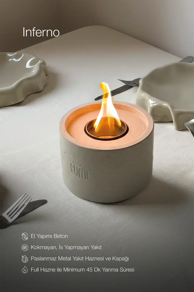 Lumi Inferno – Masaüstü Bacasız Beton Şömine + 1 L Bioethanol Hediye